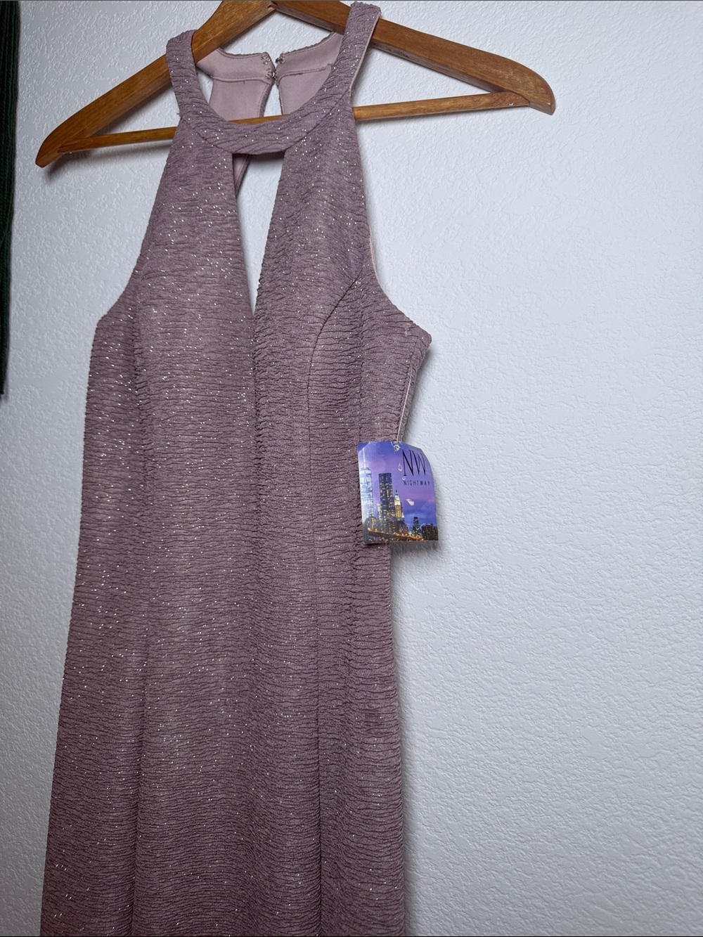 Night Way Collections Rose-Mauve Shimmer Halter Maxi Dress - Picture 7 of 14